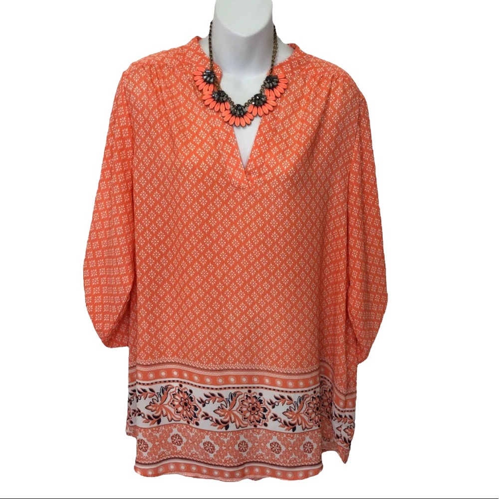 GS Justify Light Weight V-Neck Pull On Shirt 3/4th Long Sleeve in Orange Print